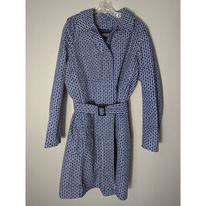 Lands End Womens Lg TallBlue White Geometric Print Hooded Trench Coat Belted 412